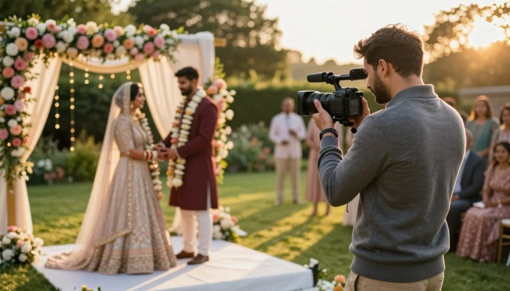 An elegant wedding scene showcasing optional videography services. In the foreground, a skilled videographer in smart casual attire operates a professional camera, capturing the couple exchanging vows at an outdoor wedding ceremony. The middle ground features a beautifully decorated altar adorned with pastel flowers and fairy lights. In the background, lush greenery and softly blurred guests are enjoying the intimate atmosphere. The golden hour sunlight bathes the scene in a warm, romantic glow, casting long shadows and enhancing the vibrant colors. The lens should have a slight bokeh effect, drawing attention to the videographer’s focus on the couple while conveying the joyful ambiance of an Indian wedding celebration in the UK. The overall mood is cheerful, intimate, and cinematic. An elegant wedding scene showcasing optional videography services. In the foreground, a skilled videographer in smart casual attire operates a professional camera, capturing the couple exchanging vows at an outdoor wedding ceremony. The middle ground features a beautifully decorated altar adorned with pastel flowers and fairy lights. In the background, lush greenery and softly blurred guests are enjoying the intimate atmosphere. The golden hour sunlight bathes the scene in a warm, romantic glow, casting long shadows and enhancing the vibrant colors. The lens should have a slight bokeh effect, drawing attention to the videographer’s focus on the couple while conveying the joyful ambiance of an Indian wedding celebration in the UK. The overall mood is cheerful, intimate, and cinematic.